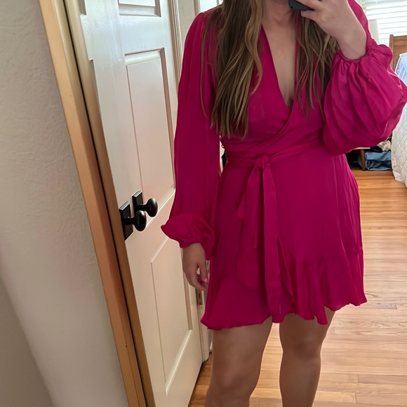 Banana Republic Bright Peony Satin Ruffle Wrap Dress small - Picture 6 of 16